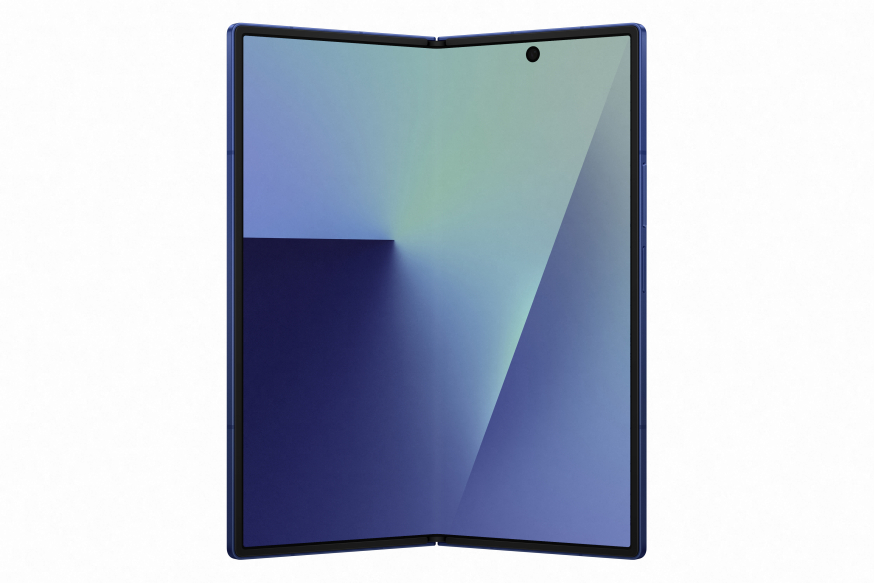 Afbeelding: Samsung Galaxy Z Fold7 opengevouwen met groot hoofdscherm in blauwe afwerking