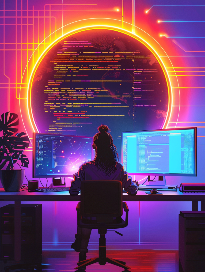 Vibe-coding: waarom ineens iedereen “kan programmeren” Afbeelding: illustratie van maker achter bureau met code op schermen en neon gloed