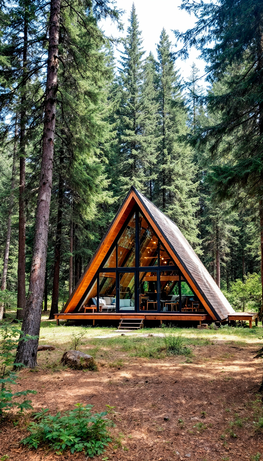 Afbeelding: Luxe moderne A-frame cabin met grote ramen in een dicht bos, voorbeeld van premium off-grid accommodatie en eco-lodges