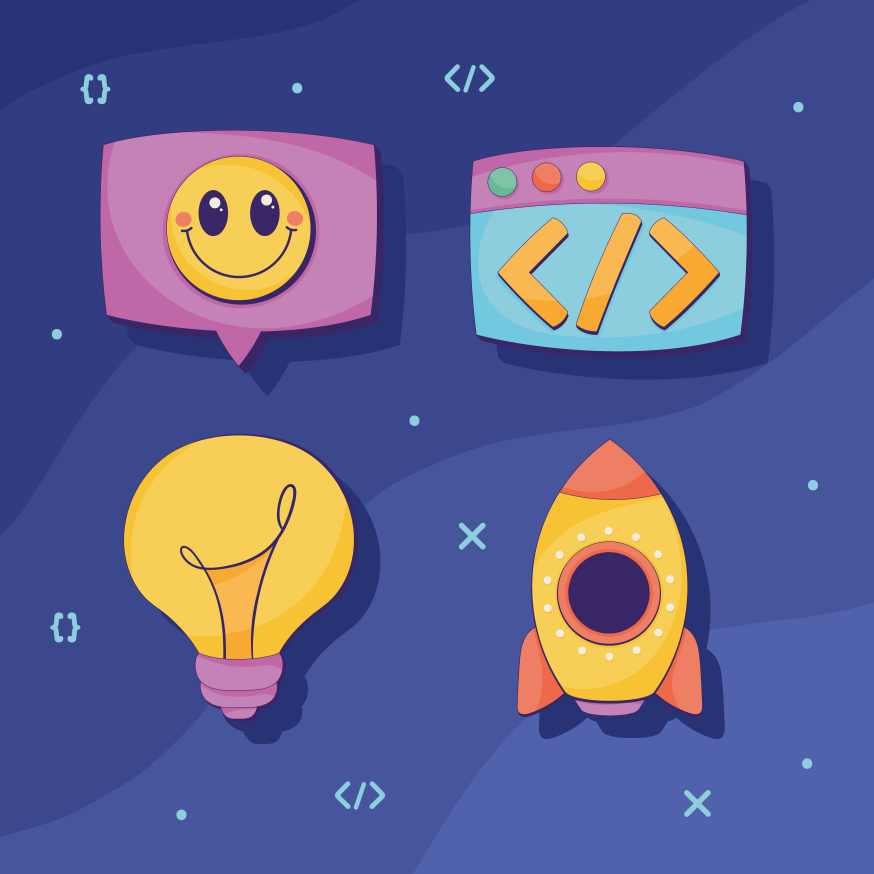 Vibe-coding: waarom ineens iedereen “kan programmeren” Afbeelding: Illustratie met iconen voor code, idee en lancering