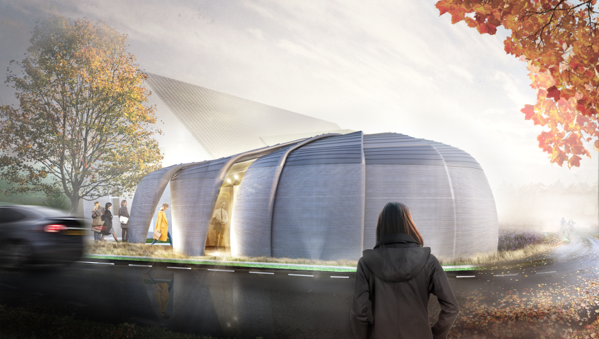 Met de komst van het gebouw is Teuge straks niet meer alleen bekend om zijn vliegveld, maar ook (vooral?) als eerste stad in Europa dat de geboorte zag van een commercieel 3D-geprint gebouw. Artist impression 3D-geprinte gebouw Teuge