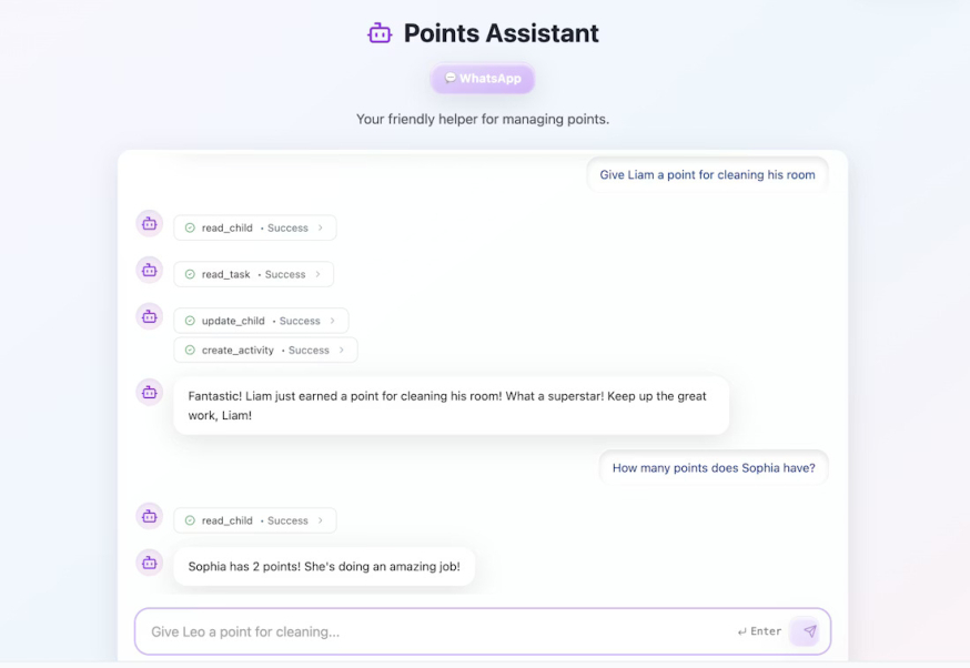 Afbeelding: Chatinterface “Points Assistant” met tool-calls zoals read_task en update_child