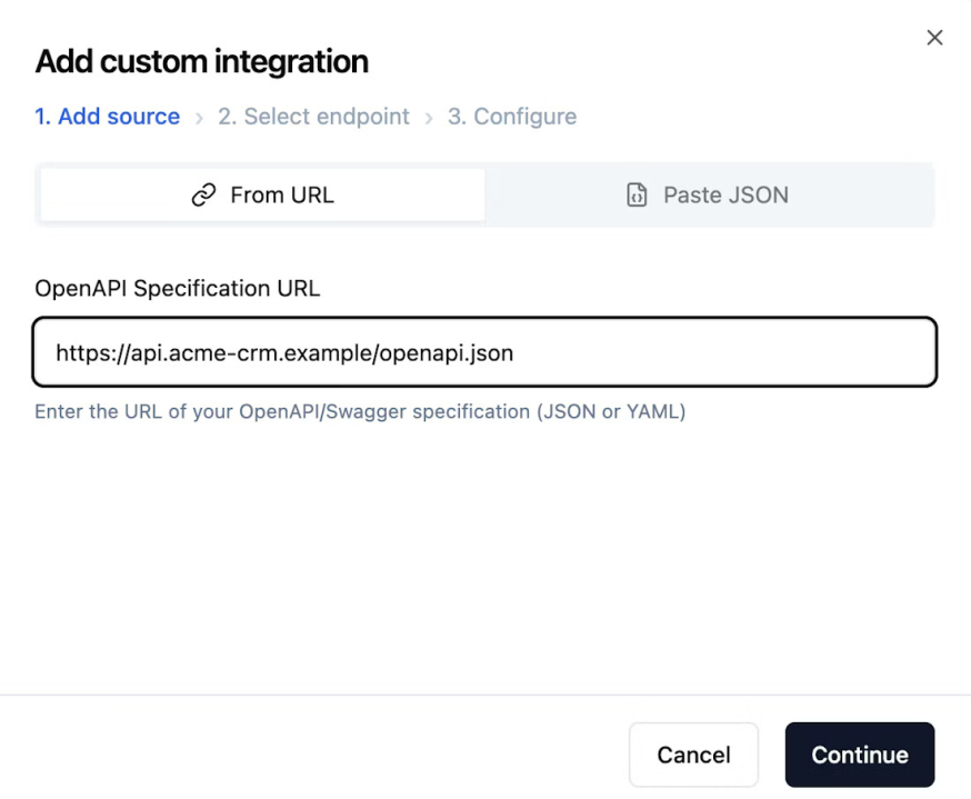 Afbeelding: Dialoogvenster “Add custom integration” met OpenAPI specification URL/JSON