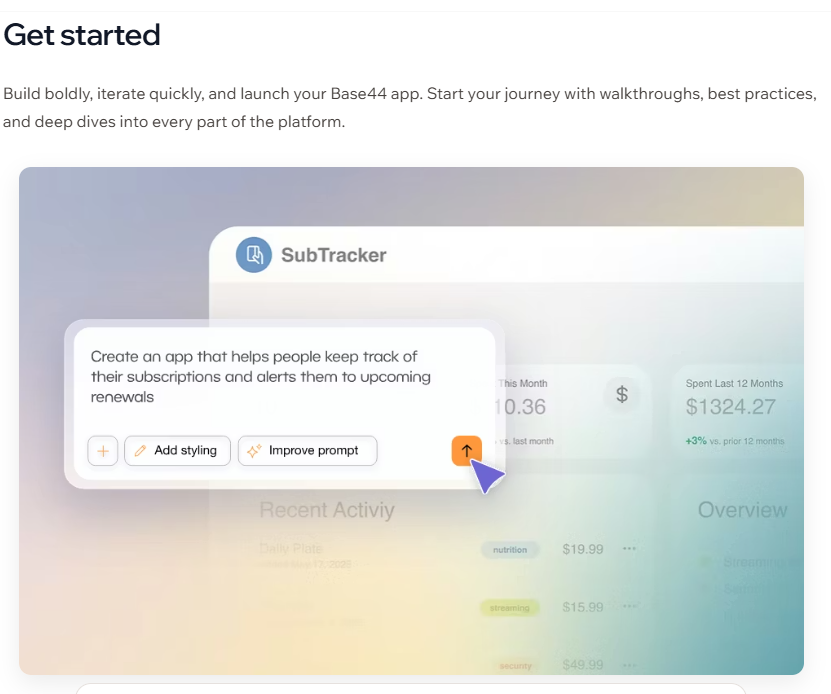Afbeelding: Screenshot van de Get started-sectie van Base44 met een voorbeeldprompt voor een SubTracker-app en knoppen zoals ‘Add styling’ en ‘Improve prompt’