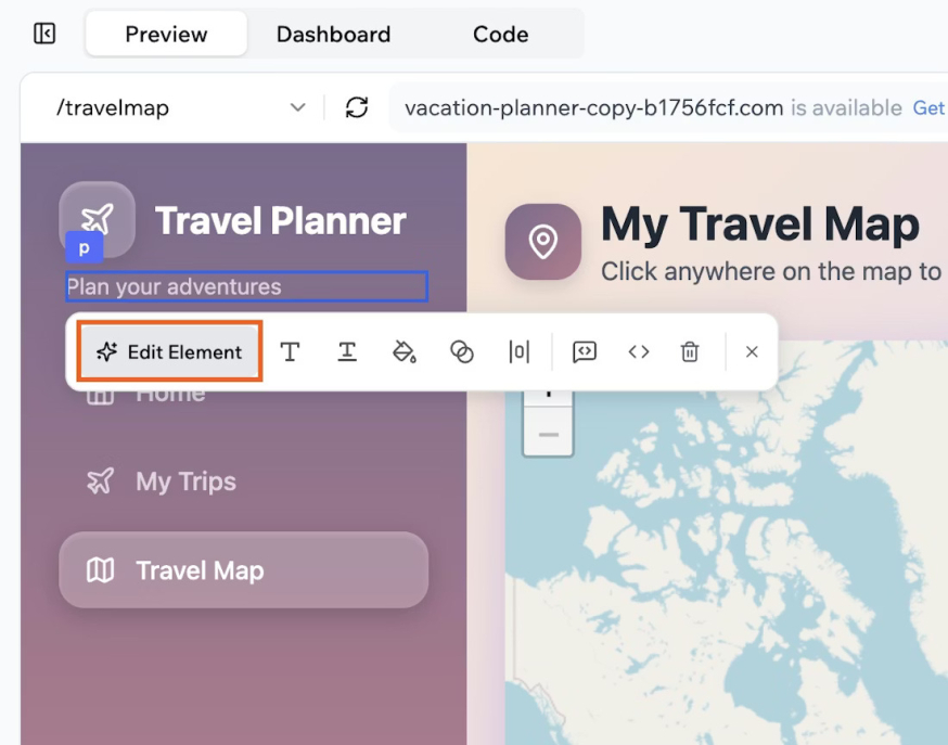 Afbeelding: Base44 Visual Edit met een geselecteerd interface-element en de knop “Edit Element”