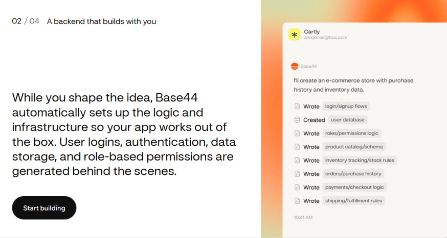 Afbeelding: Marketing-slide “A backend that builds with you” met uitleg over auth, dataopslag en role-based permissions