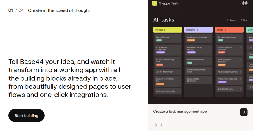 Afbeelding: Marketing-slide met de titel “Create at the speed of thought” en een voorbeeld van een takenbord-app
