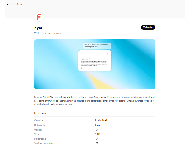 Fyxer: minder mailwerk, meer controle over je werkdag Afbeelding: Screenshot van de ChatGPT-apps/Apps-pagina met Fyxer als app