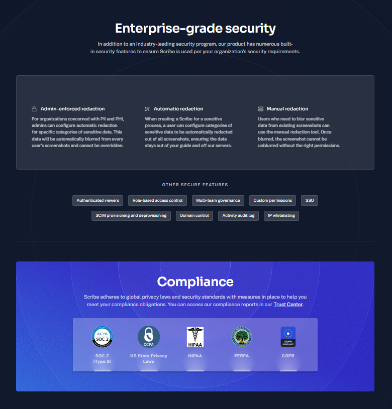 Afbeelding: Dashboard overzicht van Scribe's Enterprise-security en compliance badges zoals SOC 2 en GDPR