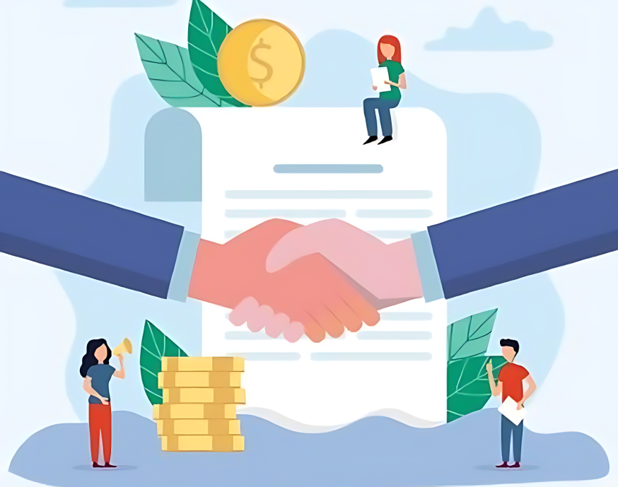 Afbeelding: Illustratie van twee handen die een handdruk geven voor een document, met munten en kleine figuren eromheen — symbool voor Corporate Financial Responsibility en afspraken, betaling en samenwerking