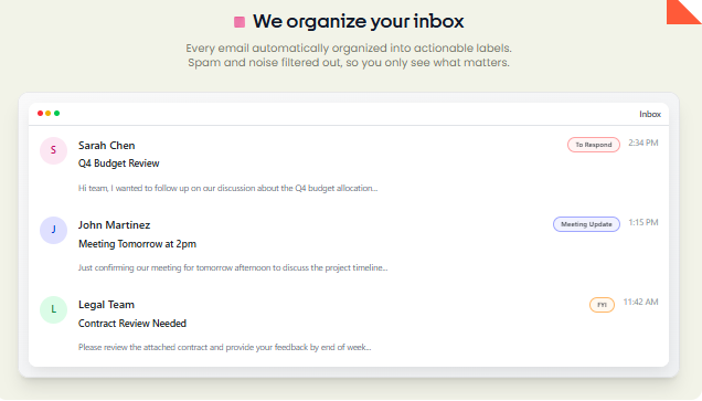 Fyxer: minder mailwerk, meer controle over je werkdag Afbeelding: Voorbeeld van een inbox die automatisch is gelabeld, met tags zoals ‘To Respond’ en ‘Meeting Update'
