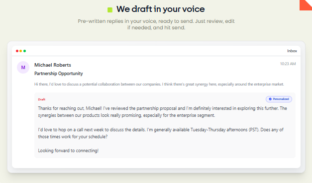 Fyxer: minder mailwerk, meer controle over je werkdag Afbeelding: E-mailvoorbeeld met een door Fyxer voorgestelde conceptreply (‘Draft’) en een label dat aangeeft dat het gepersonaliseerd is
