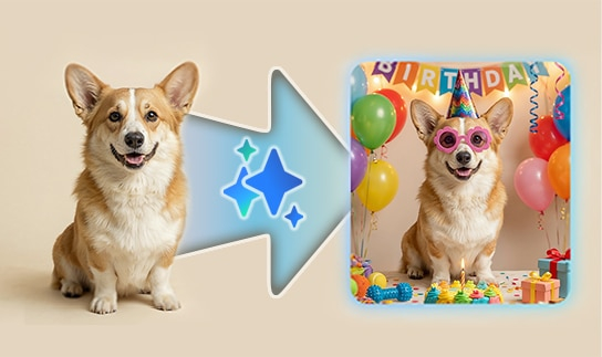 Afbeelding: Voorbeeld van Photo Assist op de Galaxy S26 Ultra: een hond wordt met AI-bewerking omgezet naar een feestelijke variant