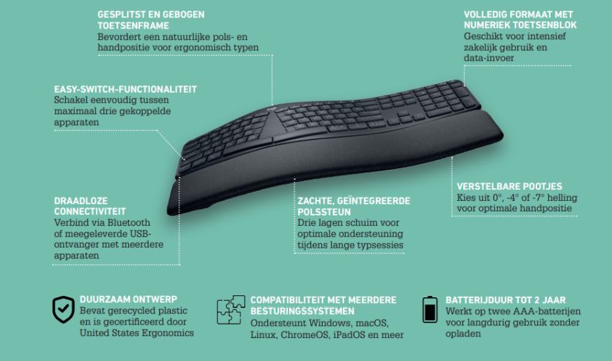 Afbeelding van het Logitech ERGO K860 Ergonomisch Toetsenbord, met eigenschappen