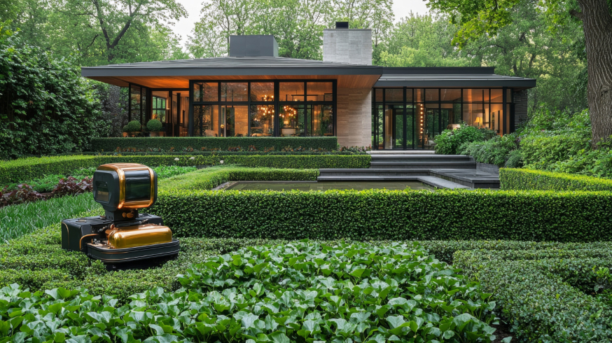 Een serre of luxe tuinhuis: wat past bij jouw woning? Afbeelding: Een modern luxe tuinhuis met grote glazen wanden en schuifdeuren in een groene tuin, ideaal als vrijstaand buitenkantoor