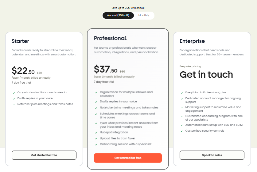Fyxer: minder mailwerk, meer controle over je werkdag Afbeelding: Overzicht van Fyxer-abonnementen (Starter, Professional, Enterprise) met maandprijs bij jaarlijkse betaling en belangrijkste features per plan