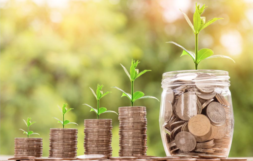 Afbeelding: Groeiende groene plantjes uit stapels munten tegen een zonnige achtergrond. als visualiser van alternatieve financiering