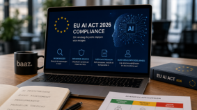 Laptop met EU AI Act 2026 compliance overzicht en AI-risicocategorieën op kantoorbureau