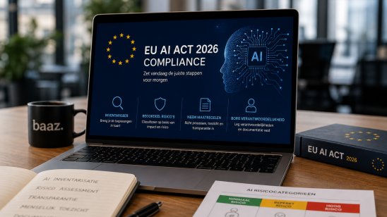 Laptop met EU AI Act 2026 compliance overzicht en AI-risicocategorieën op kantoorbureau