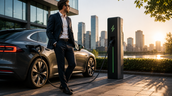 ondernemer bij elektrische auto die aan het laden is